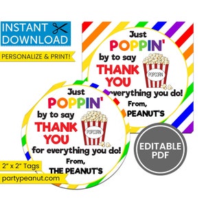 Teacher Appreciation Week, Poppin By To Say Thank You, Teacher Gift, Popcorn Tags, Popcorn Thank You, Gift For Friend, Thank You Gift Tags