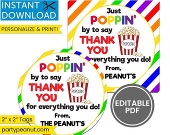 Teacher Appreciation Week, Poppin By To Say Thank You, Teacher Gift, Popcorn Tags, Popcorn Thank You, Gift For Friend, Thank You Gift Tags