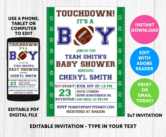 Football Invitation - Football Baby Shower Invitation, Download, Football Party Invitation, Boy Baby Shower Invitation, Editable, Printable Il_570xn