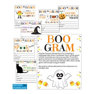 Puede incluir: Un conjunto de tarjetas "Boo Gram" con temática de Halloween y un folleto. Las tarjetas presentan varios personajes y frases de Halloween como "Sweet Halloween" y "Spooktacular Halloween". El folleto promociona una recaudación de fondos escolar.