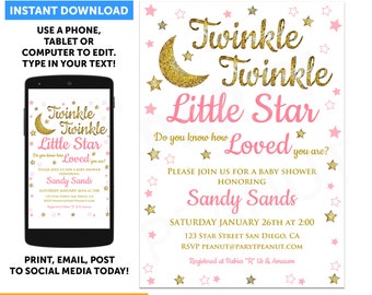 Twinkle Twinkle Little Star Baby Shower Invitation Twinkle Twinkle Little Star Invitation Editable Instant Download