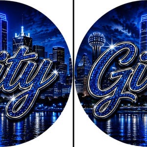 Puede incluir: Dos dise&ntilde;os gr&aacute;ficos circulares que muestran un horizonte urbano nocturno con rascacielos iluminados y un cuerpo de agua reflectante. El c&iacute;rculo izquierdo muestra la palabra City en letra cursiva azul brillante, y el c&iacute;rculo derecho muestra la palabra Girl en azul brillante.
