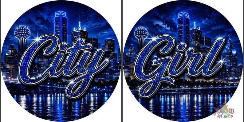 Puede incluir: Dos dise&ntilde;os gr&aacute;ficos circulares que muestran un horizonte urbano nocturno con rascacielos iluminados y un cuerpo de agua reflectante. El c&iacute;rculo izquierdo muestra la palabra City en letra cursiva azul brillante, y el c&iacute;rculo derecho muestra la palabra Girl en azul brillante.