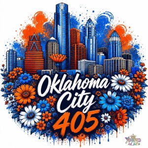 Op de afbeelding: Een cirkelvormige grafische illustratie van de skyline van Oklahoma City in blauwe en oranje tinten, omringd door een dicht arrangement van oranje, blauwe en witte bloemen. De tekst Oklahoma City 405 staat centraal in witte en oranje letters.