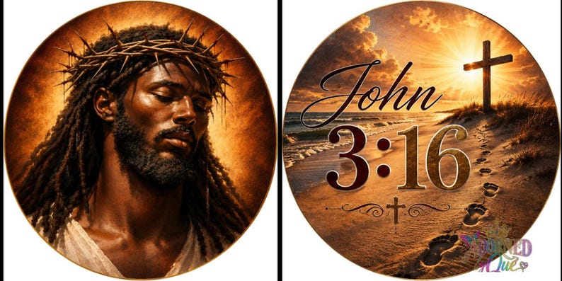 May include: Two circular decorative plaques. The left plaque features a portrait of a man with dark skin, long dreadlocks, and a crown of thorns. The right plaque displays a beach scene with a cross, footprints in the sand, and the text John 3:16.