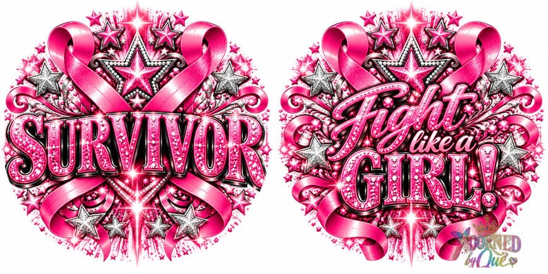 May include: Two circular graphic designs featuring bright pink awareness ribbons, silver stars, and sparkling accents. The left design displays the word SURVIVOR in bold pink lettering, while the right design features the text Fight like a GIRL!