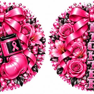 Puede incluir: Dos dise&ntilde;os circulares con rosas, lirios y perlas de color rosa vibrante. El dise&ntilde;o izquierdo muestra un par de guantes de boxeo rosas con lazos de concienciaci&oacute;n. El dise&ntilde;o derecho presenta un gran lazo rosa y el texto vertical FIGHTER.
