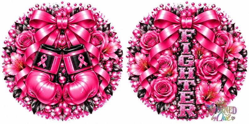 Puede incluir: Dos dise&ntilde;os circulares con rosas, lirios y perlas de color rosa vibrante. El dise&ntilde;o izquierdo muestra un par de guantes de boxeo rosas con lazos de concienciaci&oacute;n. El dise&ntilde;o derecho presenta un gran lazo rosa y el texto vertical FIGHTER.