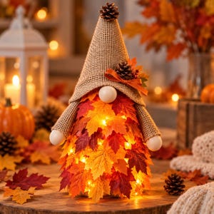 May include: A decorative gnome figure featuring a tall, pointed hessian hat topped with a small pinecone. The body is covered in layered, artificial autumn maple leaves in shades of red, orange, and yellow, illuminated by internal warm white lights.
