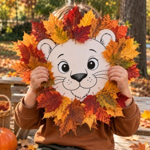 May include: A circular craft project featuring a white lion face illustration with black line details, surrounded by a thick mane made of vibrant, multi-colored autumn maple leaves in shades of red, orange, and yellow, creating a seasonal display.