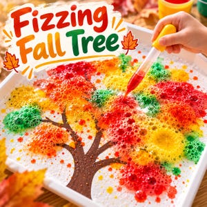 Peut inclure: Un plateau blanc avec une illustration d'arbre marron et des amas de bulles colorées rouges, jaunes et vertes. Une pipette à embout jaune dépose du liquide rouge sur l'arbre. Le texte Fizzing Fall Tree est inscrit en haut.