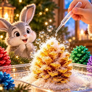 May include: A gray cartoon rabbit looks at a gold pinecone covered in white bubbles. A clear dropper releases liquid onto the pinecone, creating more bubbles. Red, green, blue, and purple pinecones are arranged around the central gold one.