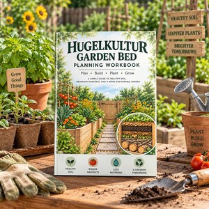 Könnte beinhalten: Ein Hugelkultur-Gartenbeet-Planungsarbeitsbuch mit einer Illustration eines Gemüsegartens, einem Querschnitt der Bodenschichten und Text, darunter Plan, Build, Plant, Grow, Healthy Soil, Bigger Harvests, Less Watering und A Greener Tomorrow.