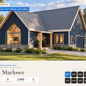 Modern Cottage House Plan, 3 Bedrooms, 1,002 Sq Ft, Native Revit & PDF