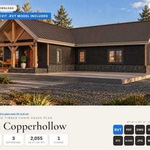 Timber Cabin House Plan, 3 Bedrooms, 2,055 Sq Ft, Native Revit & PDF