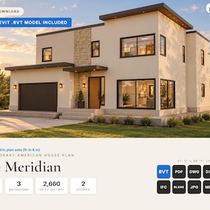 May include: A two-story contemporary house plan titled The Meridian, featuring a beige stucco exterior with stone accents, a dark garage door, and large windows. The digital listing includes 3 bedrooms, 3 bathrooms, 2,660 sq ft, and file formats like RVT, PDF, and DWG.