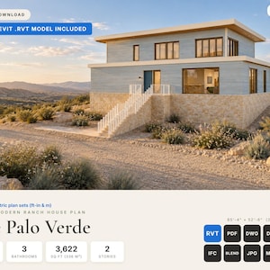 May include: A two-story house plan titled The Palo Verde, featuring a light blue upper level and a stone base. The design includes 3 bedrooms, 3 bathrooms, and 3,622 sq ft of space. The image displays the exterior, dimensions of 85'-4" x 52'-6", and file formats.