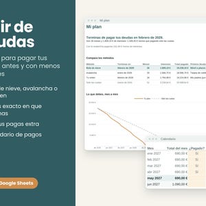 May include: A digital debt repayment planner interface featuring the text Salir de deudas, with tables and line graphs displaying financial data, payment methods, and a monthly calendar, compatible with Excel and Google Sheets software.