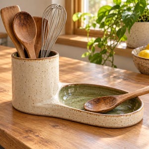 Puede incluir: Un soporte de cerámica para utensilios de cocina con exterior crema moteado y un compartimento cilíndrico. Unido al lateral hay una bandeja ovalada poco profunda con interior verde salvia, que contiene una cuchara de madera.