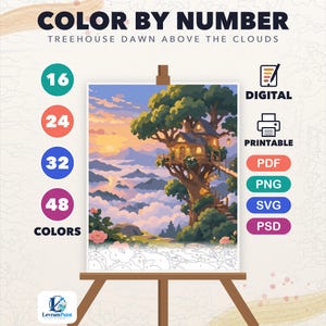 May include: A digital color by number kit titled Treehouse Dawn Above The Clouds. The image features a treehouse nestled in a large tree overlooking a mountain range at sunrise. Includes options for 16, 24, 32, or 48 colors in PDF, PNG, SVG, and PSD formats.