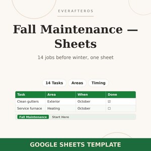 Fall Home Maintenance Checklist Google Sheets Template | Seasonal Home Care Spreadsheet | Winterize Your Home Planner