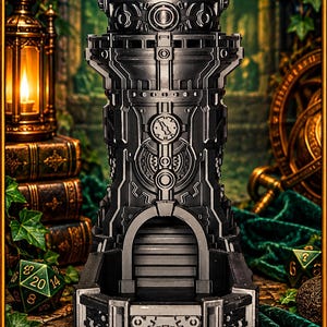 May include: A black, cylindrical dice tower featuring intricate mechanical gear detailing, a domed top, and a wide arched opening at the base. The structure displays a complex, layered design with vertical columns and circular motifs.