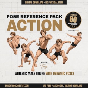 Könnte beinhalten: Ein digitales Posen-Referenzpaket mit 80 Illustrationen einer athletischen Figur in dynamischen Action-Posen. Der Text lautet: THE ULTIMATE VISUAL REFERENCE FOR ARTISTS, POSE REFERENCE PACK ACTION, PREMIUM 80 REFERENCES, VOLUME ONE, INTRODUCING Tomy, ATHLETIC MALE FIGURE WITH DYNAMIC POSES, ENLIGHTHORIZON.ETSY.COM, JPG FILES / A4 300 DPI / INSTANT DOWNLOAD.