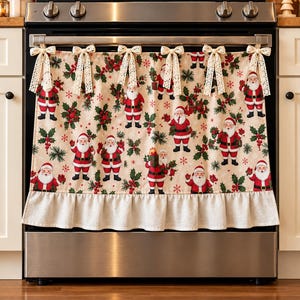 Santa Claus Christmas Oven Curtain, Holly Berry Ruffled Farmhouse Kitchen Decor