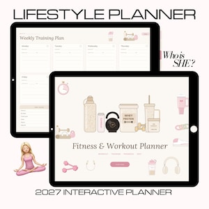 Op de afbeelding: Een digitale fitness- en workoutplanner weergegeven op twee tablets. Het scherm toont een wekelijks trainingsschema, een interactieve planner voor 2027 en illustraties van fitnessapparatuur zoals een kettlebell, eiwitpoeder, waterflessen en een koptelefoon.