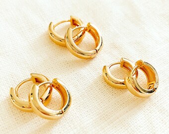 18K Gold Plated Thick Hoop Earrings 14mm 16mm 18mm