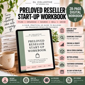 May include: A digital workbook titled Preloved Reseller Start-Up Workbook by GL Collective. The 28-page guide features sections on planning, sourcing, pricing, and stock control for reselling businesses, presented on a tablet screen with icons.