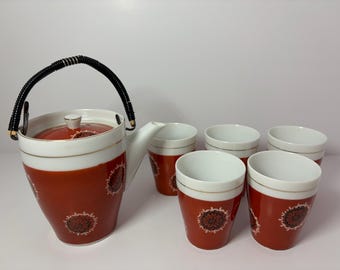 Vintage 1970s Japanese Porcelain Teapot Set by Ichitoen, 6 Piece Mid Century Modern Tea Service, Terracotta Orange & Gold Mod Design Yunomi