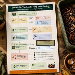 Könnte beinhalten: Ein weißes Informationsplakat mit dem Titel Worm Bin Troubleshooting Flowchart, das farbige Kästen und Symbole zur Verwaltung von Kompostbehältern zeigt, inklusive Textanweisungen zum Umgang mit Gerüchen, Fruchtfliegen, Milben und Würmern.