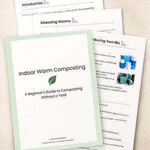 Peut inclure: Un guide imprimé intitulé Indoor Worm Composting: A Beginner's Guide to Composting Without a Yard, avec une icône de feuille verte. Le document comprend plusieurs pages avec des titres comme Introduction, Choosing Worms et Buying Your Bin.