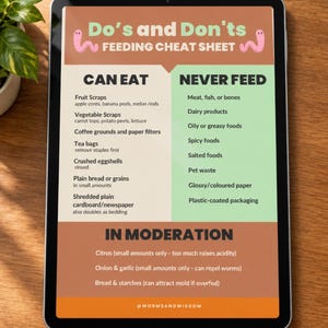 Może przedstawiać: Cyfrowy tablet wyświetlający ściągawkę Do's and Don'ts Feeding Cheat Sheet dla robaków. Grafika zawiera sekcje Can Eat, Never Feed oraz In Moderation, wymieniające różne produkty spożywcze. Na dole znajduje się tekst @WORMSANDWISDOM.