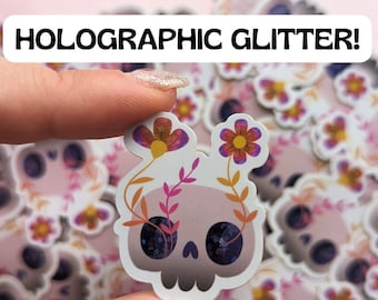 Floral Skull - Holographic Glitter Sticker - Water bottle Sticker, Stanley Accessories, Window Sticker, Die cut, Waterproof, UV Proof, Small
