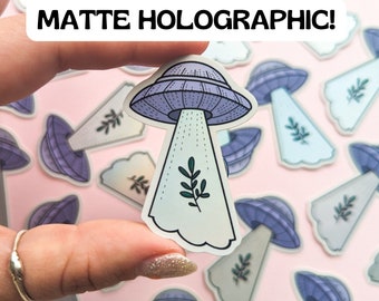 Holographic UFO Sticker, Waterbottle Sticker, Hydro flask sticker, snake, artwork, holo, rainbow, pastel, space, floral, fern, plant lover,