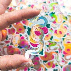 Holographic Snake Sticker, Waterbottle Sticker, Hydro flask sticker, snake, artwork, holo, rainbow, pastel, floral, cute snake, snek, corn image 4