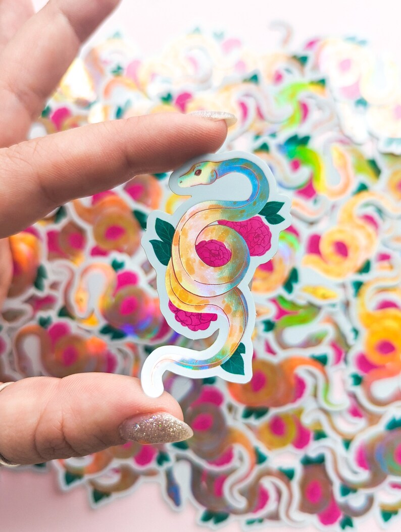 Holographic Snake Sticker, Waterbottle Sticker, Hydro flask sticker, snake, artwork, holo, rainbow, pastel, floral, cute snake, snek, corn image 4
