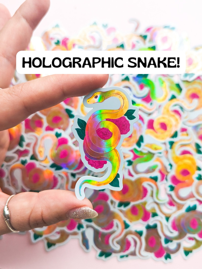 Holographic Snake Sticker, Waterbottle Sticker, Hydro flask sticker, snake, artwork, holo, rainbow, pastel, floral, cute snake, snek, corn image 1
