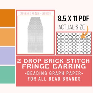 Könnte beinhalten: Ein druckbares Perlengrafikpapiermuster für ein Paar Fransenohrringe. Das Muster ist für eine 30 Perlen breite Franse, die den 2-Tropfen-Ziegelstein-Stich verwendet. Das Muster ist 8,5 Zoll mal 11 Zoll groß und in Originalgröße. Der Text "COMBINED FRINGE - 30 WIDE" und "8.5 X 11 PDF ACTUAL SIZE" ist im Bild enthalten.
