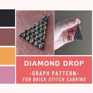 May include: A pair of black triangle earrings with a diamond pattern, made with brick stitch beading. The earrings are shown on a pink background and in a hand.