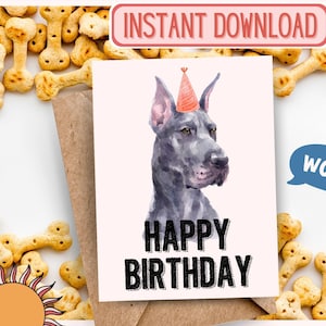 Cartão de aniversário para impressão de Dogue Alemão, Arlequim, Cartão de feliz aniversário, Aniversário de cachorro, Cartão de cachorro, Cartão de animal, Amante de cachorro, Amante de animais, Filhote de cachorro