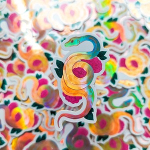Holographic Snake Sticker, Waterbottle Sticker, Hydro flask sticker, snake, artwork, holo, rainbow, pastel, floral, cute snake, snek, corn image 3