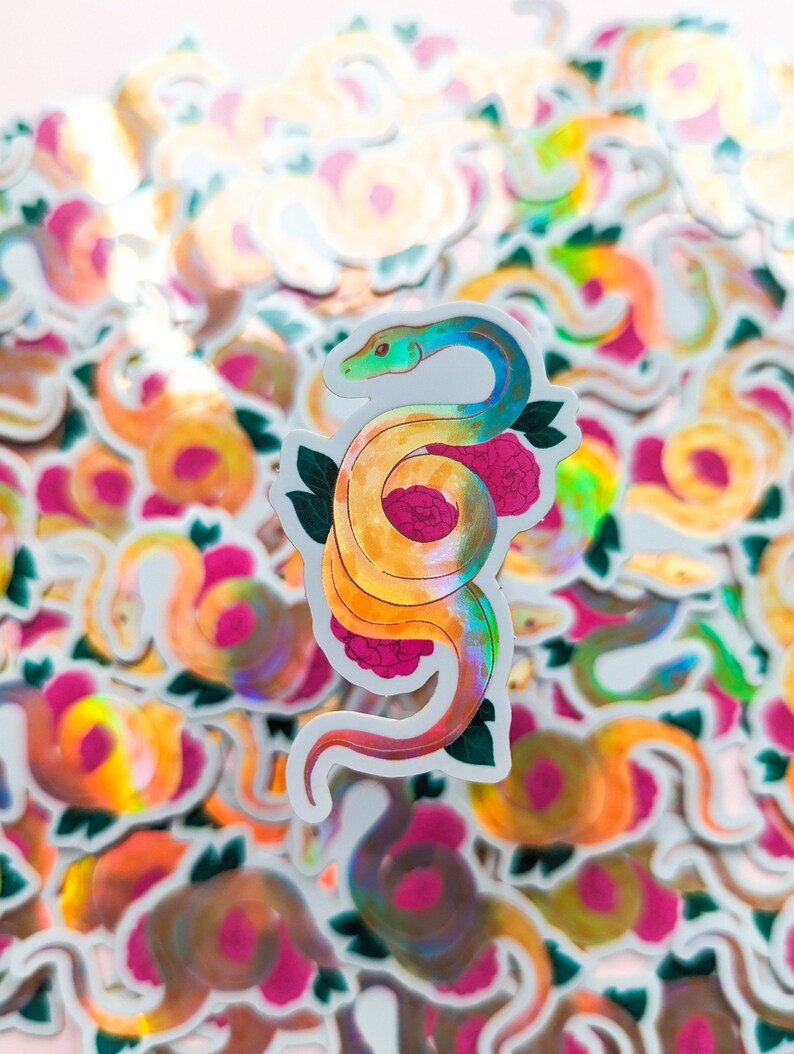 Holographic Snake Sticker, Waterbottle Sticker, Hydro flask sticker, snake, artwork, holo, rainbow, pastel, floral, cute snake, snek, corn image 3