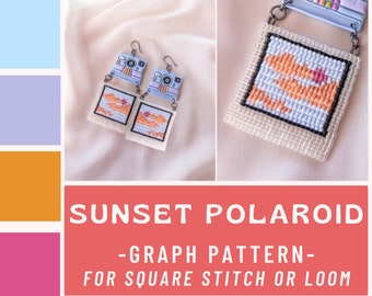 Polaroid Sunset Beaded Pattern, Sky Pattern, Earring Graph, Earring Chart, Square Stitch, Loom, Beaded Sunset, Beaded Polaroid Picture