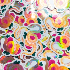 Holographic Snake Sticker, Waterbottle Sticker, Hydro flask sticker, snake, artwork, holo, rainbow, pastel, floral, cute snake, snek, corn image 5