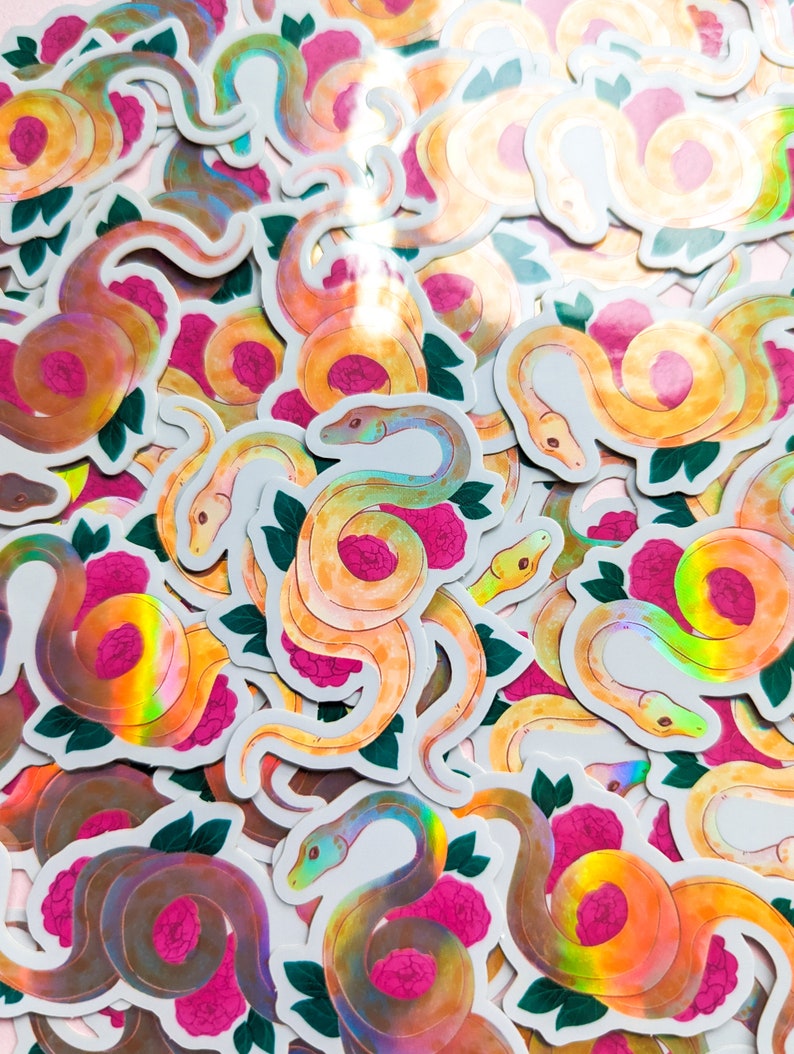 Holographic Snake Sticker, Waterbottle Sticker, Hydro flask sticker, snake, artwork, holo, rainbow, pastel, floral, cute snake, snek, corn image 5