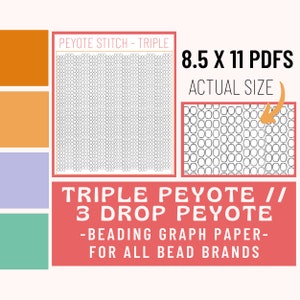 Può includere: Carta da grafico perline stampabile per punto peyote triplo, noto anche come peyote a 3 gocce. La carta misura 8,5 pollici per 11 pollici ed è progettata per tutti i marchi di perline.