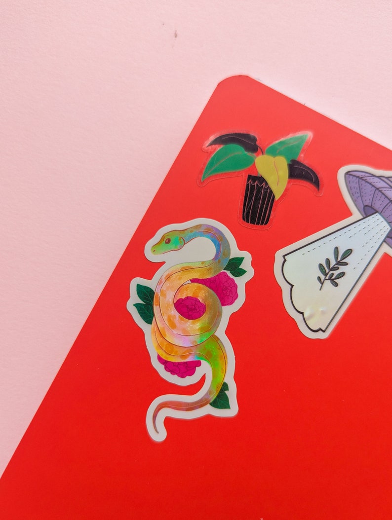 Holographic Snake Sticker, Waterbottle Sticker, Hydro flask sticker, snake, artwork, holo, rainbow, pastel, floral, cute snake, snek, corn image 2